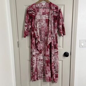 LuLaRoe Joy Duster Vest Women S Red White Abstract Pleated Longline Open Front